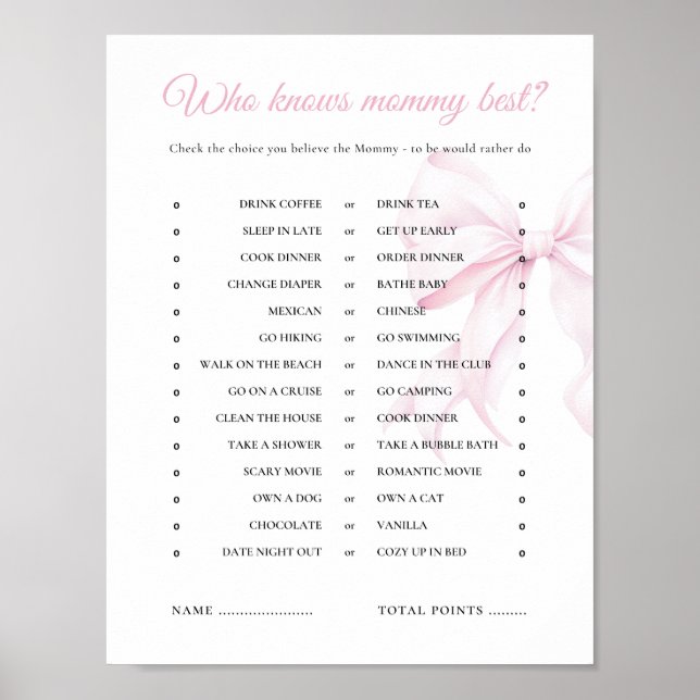 Pink Bow Baby Shower Who Knows Mummy Best Game Poster (Front)