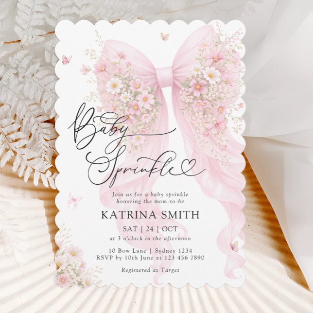 Pink Bow Baby Sprinkle Floral Girl Baby Shower Invitation (Creator Uploaded)