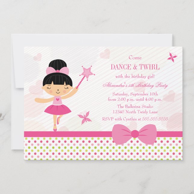 Pink bow ballerina girls birthday party invitation (Front)