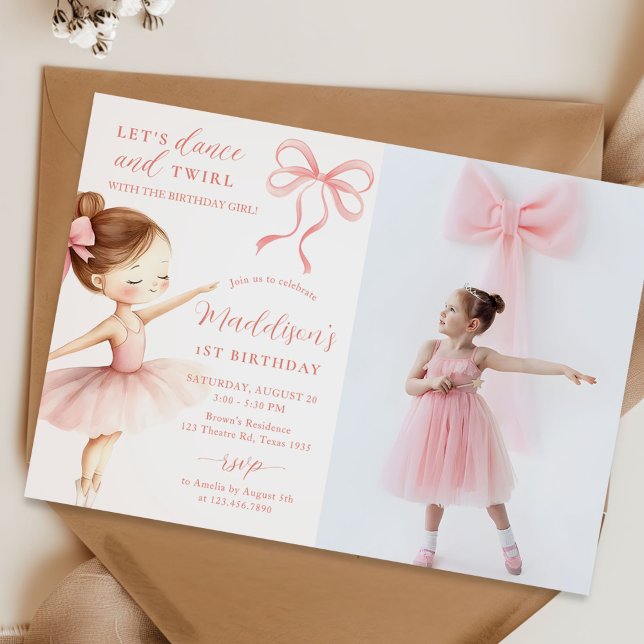 Pink Bow Ballet Dancer Girl Birthday Party Photo Invitation (Creator Uploaded)