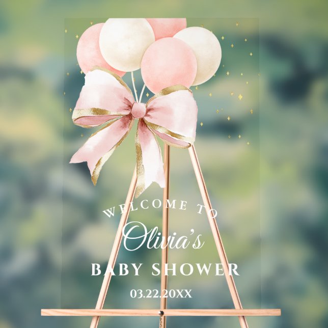 Pink Bow Balloons Baby Shower Welcome Acrylic Sign (Neutral)