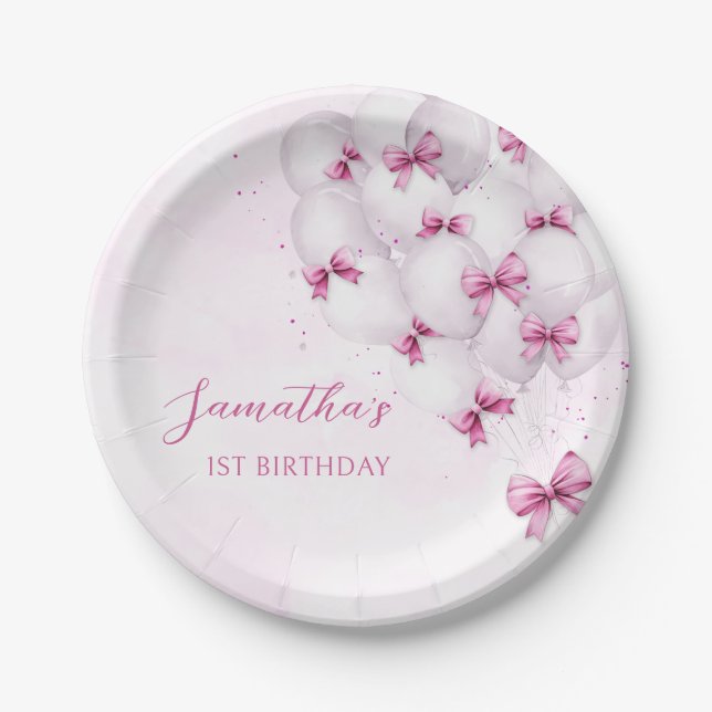 Pink Bow Balloons Birthday Paper Plates (Front)