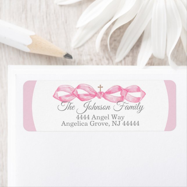 Pink Bow Baptism Envelope Return Address Label (Insitu)