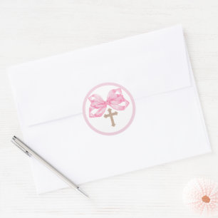 Pink Bow Baptism Envelope Seal Sticker Cross Round
