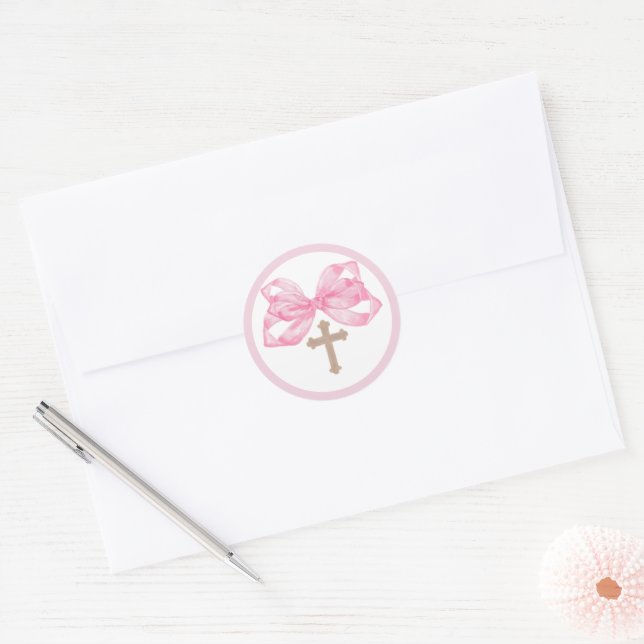 Pink Bow Baptism Envelope Seal Sticker Cross Round (Envelope)