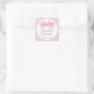 Pink Bow Baptism Favour Sticker Custom Watercolor