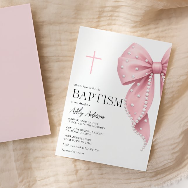Pink Bow Baptism Girl Invitation (Creator Uploaded)