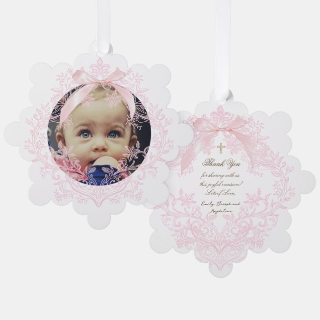pink bow Baptism thank you  Tree Decoration Card (Front/Back)
