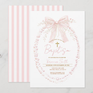 Pink Bow Baptism Watercolor Girl Christening Invitation