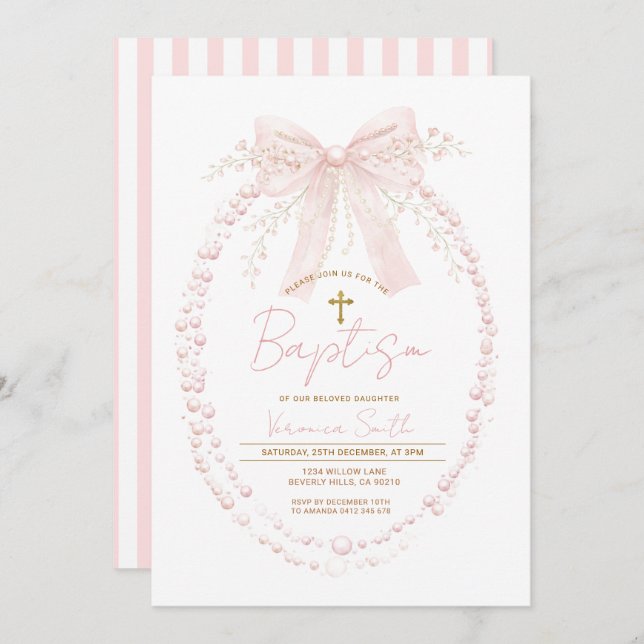 Pink Bow Baptism Watercolor Girl Christening Invitation (Front/Back)
