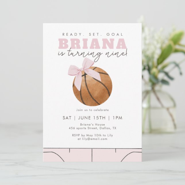 Pink Bow Basketball Birthday Girls Sports Invitation (Standing Front)