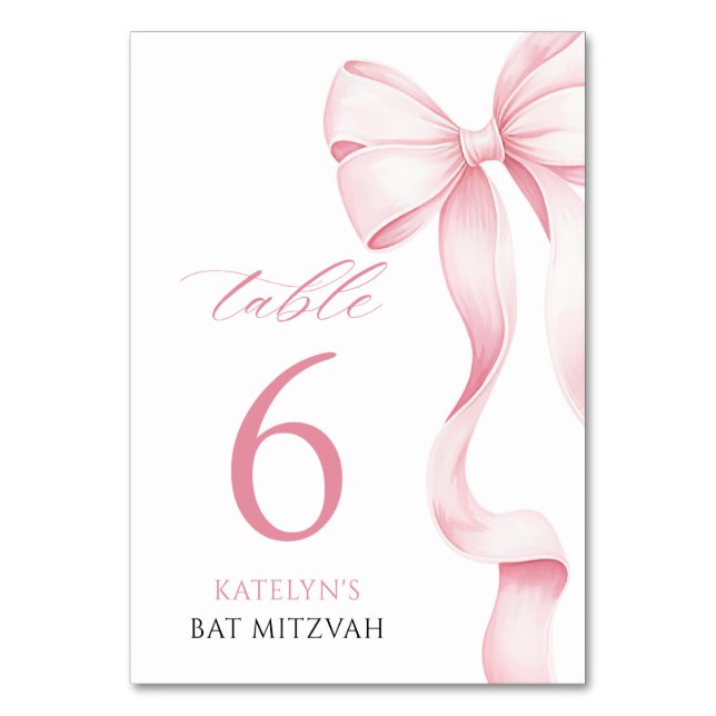 Pink Bow Bat Mitzvah Table Number Card (Front)