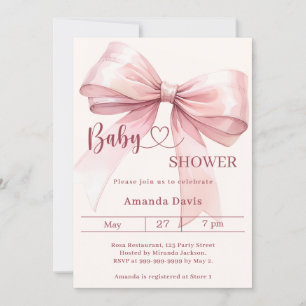 Pink bow beige cream girl elegant Baby Shower Invitation