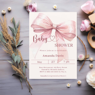 Pink bow beige cream girl elegant Baby Shower Invitation