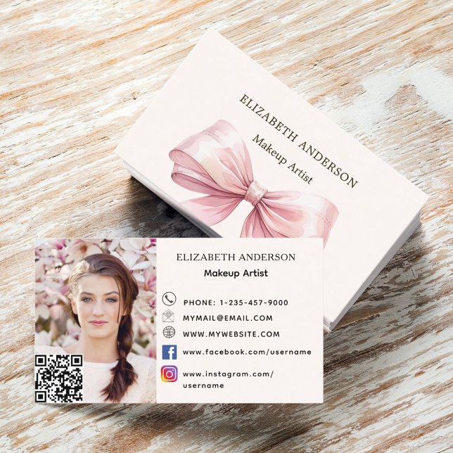 Pink bow beige cream qr code social media photo business card (Creator Uploaded)