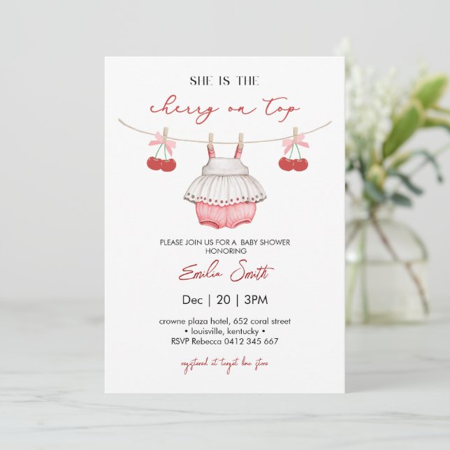  Pink Bow & Berries, Cherry on Top Baby Shower Invitation (Standing Front)
