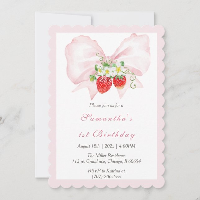Pink Bow Berry First Birthday Invitation Template  (Front)