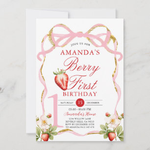 Pink Bow Berry First Strawberry Sweet Birthday Invitation
