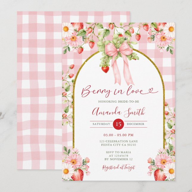Pink Bow Berry in love strawberry Bridal Shower  Invitation (Front/Back)
