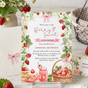 Pink Bow Berry Sweet Strawberries Baby Shower Invitation