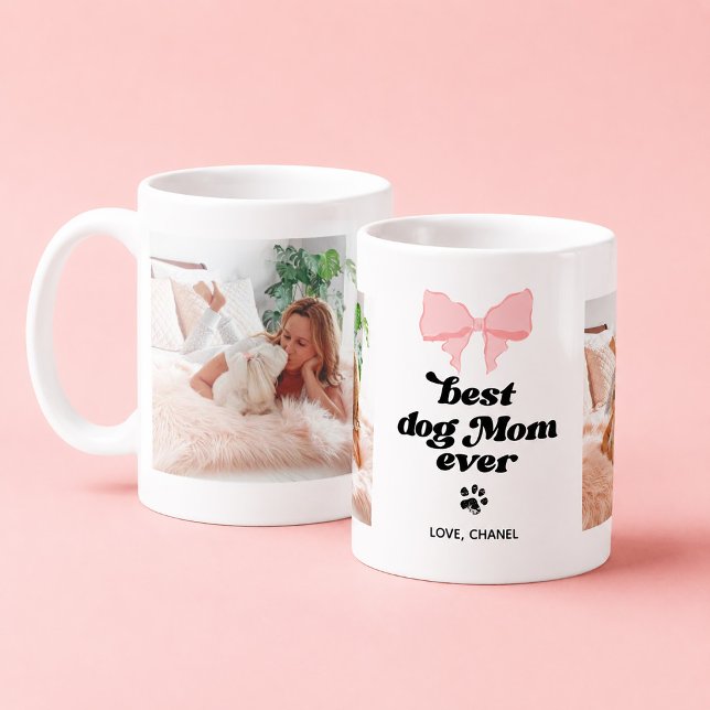 Pink Bow Best Dog Mum Ever Custom 2 Photo Coffee Mug (Creator Uploaded)