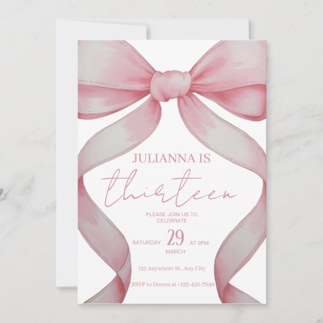 Pink Bow Birthday ,birthday invitation, girl Pink  Invitation (Front)