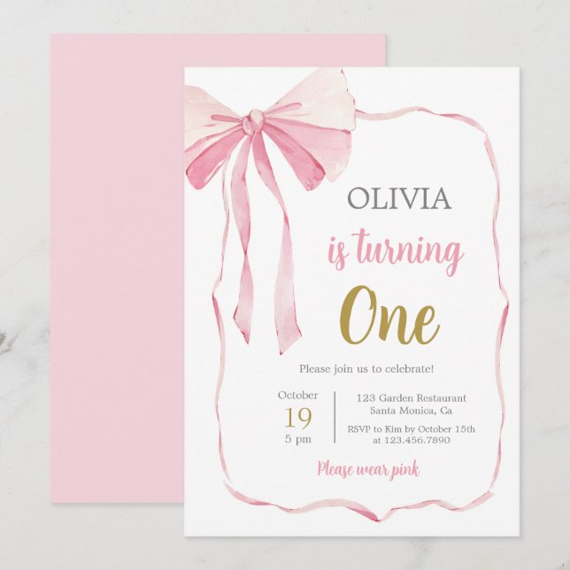 Pink Bow Birthday Girl Invitation (Front/Back)