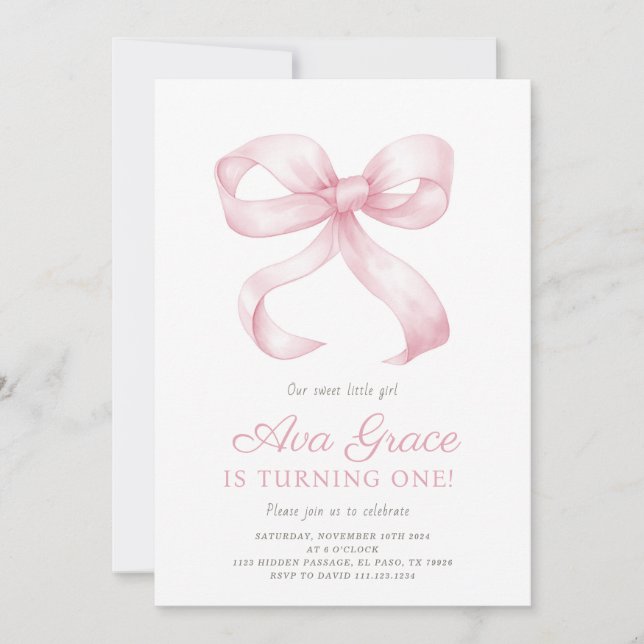 Pink Bow Birthday Girl Party Invitation (Front)