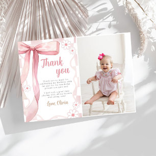 Pink Bow Birthday Girl Photo Thank You Card
