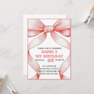 Pink Bow Birthday Invitation, Girl Pink Birthday I Invitation