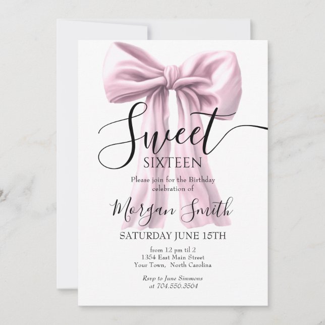 Pink bow Birthday Invitation, Sweet Sixteen Invitation (Front)