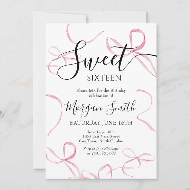 Pink bow Birthday Invitation, Sweet Sixteen Invitation (Front)