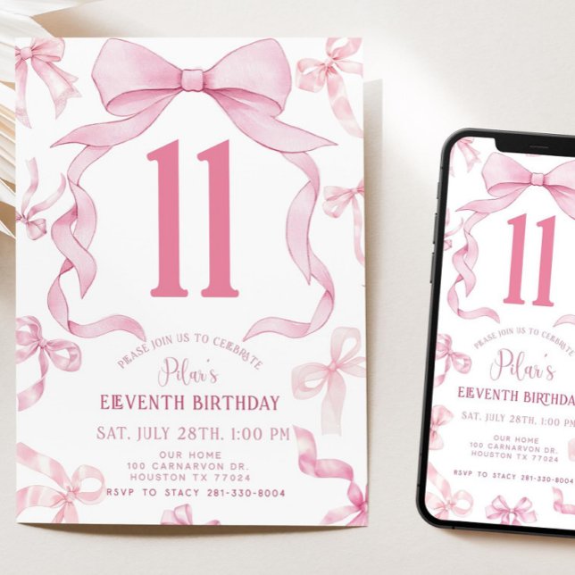 Pink Bow Birthday Invite, Girls 11th Birthday Invi Invitation (Creator Uploaded)