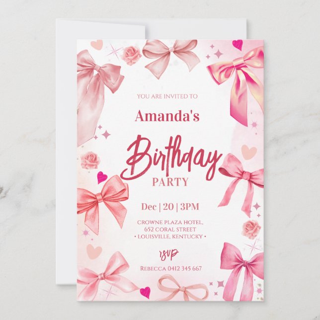 Pink Bow Birthday Party Invitation (Front)