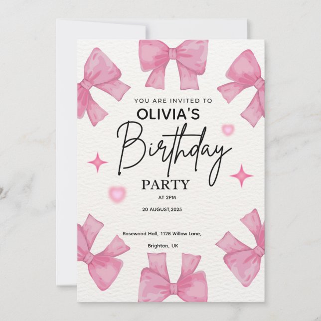 Pink Bow Birthday Party Invitation for Girls (Front)