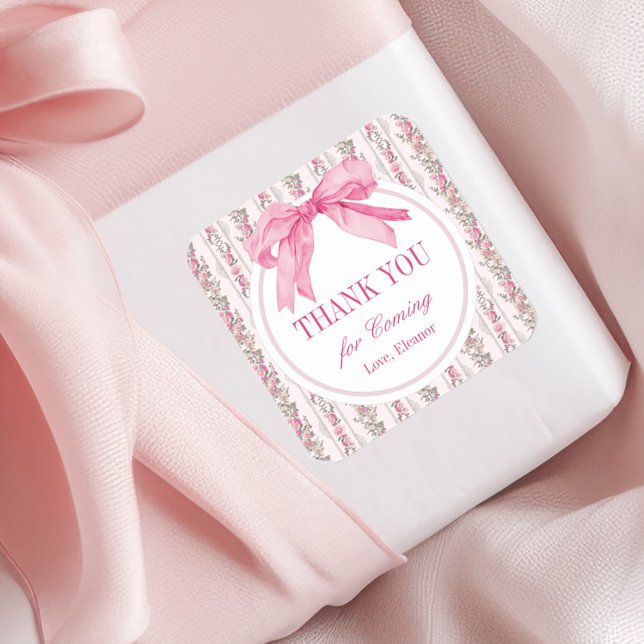 Pink Bow Birthday Party Thank You Favour Square Sticker (Creator Uploaded)