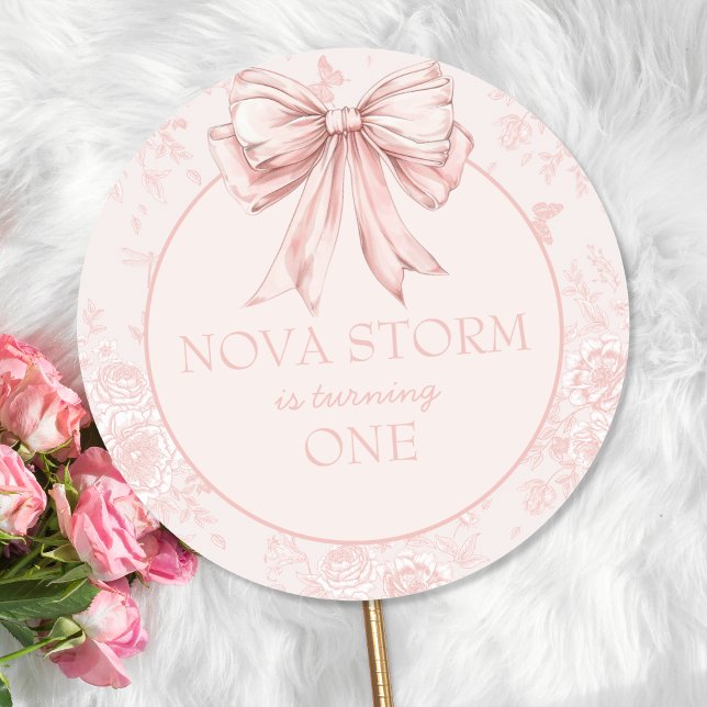 Pink Bow Birthday Party Whimsy Toile Personalised Classic Round Sticker (Creator Uploaded)