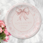 Pink Bow Birthday Party Whimsy Toile Personalised Paper Plate<br><div class="desc">Add a touch of elegance and whimsy to your celebration with the Pink Bow Birthday Party Whimsy Toile Personalised Paper Plates. These blush pink plates feature a charming toile-inspired design adorned with delicate butterflies and dragonflies, perfectly capturing the girly aesthetic of a pink bow birthday party theme. A minimalist watercolor...</div>