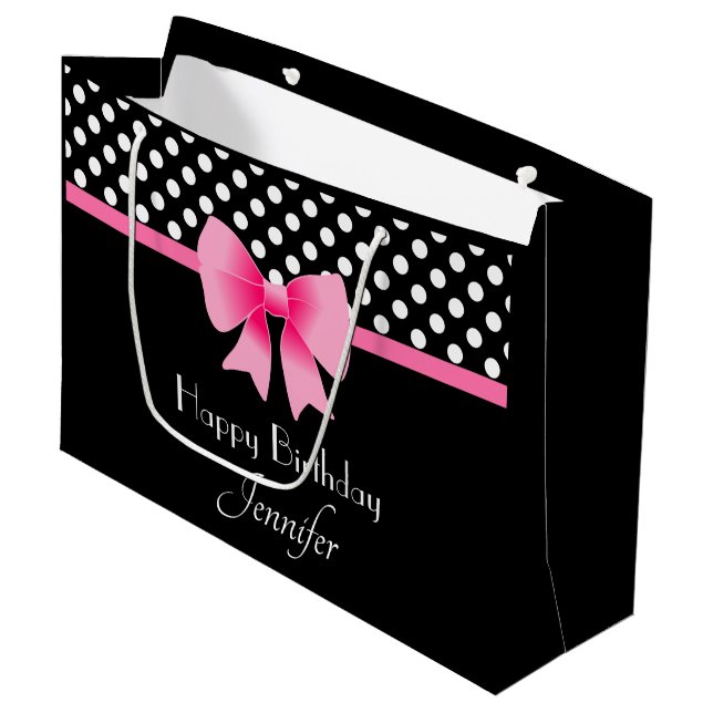 Pink Bow Black And White Polka Dots Birthday Large Gift Bag (Front Angled)