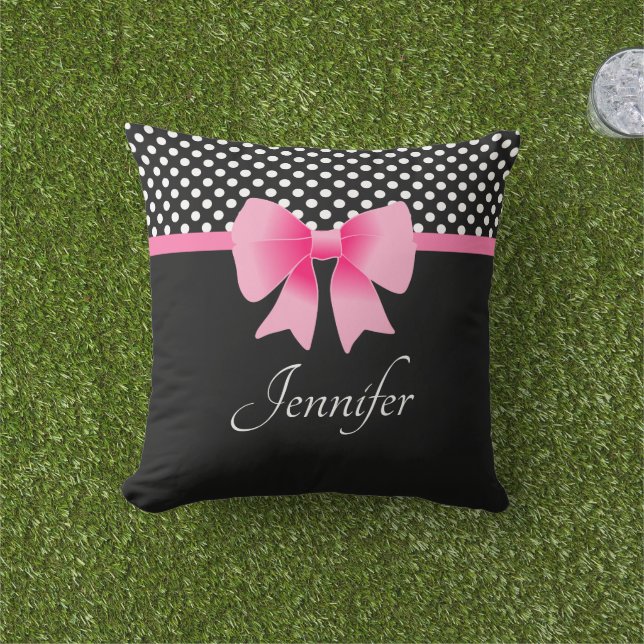 Pink Bow Black & White Polka Dots Pattern Name Cushion (Grass)