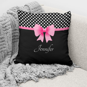 Pink Bow Black & White Polka Dots Pattern Name Cushion