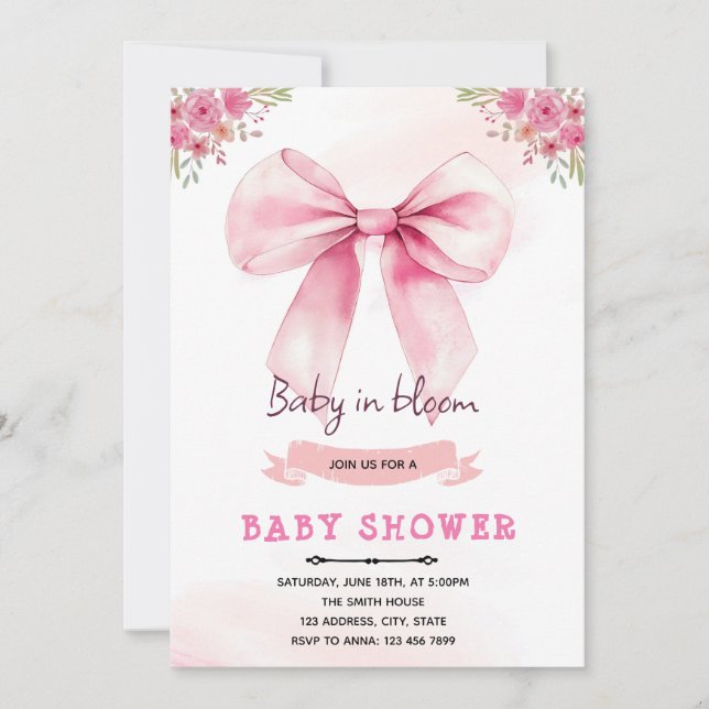 Pink bow bloom party invitation (Front)
