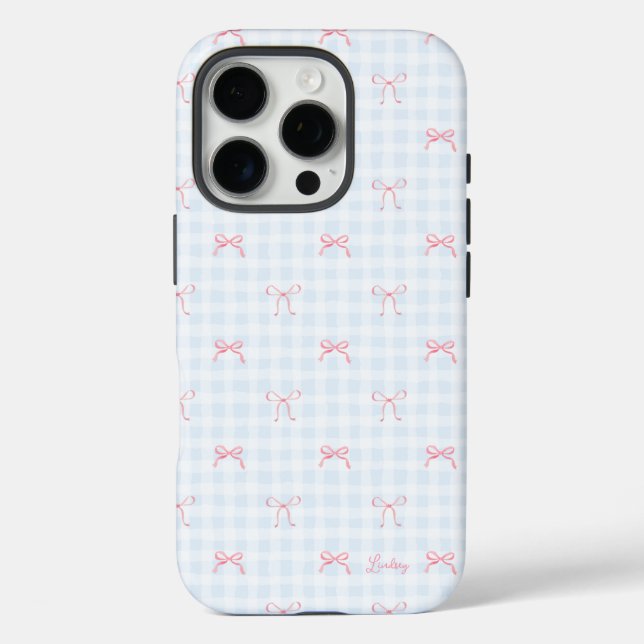Pink Bow Blue Gingham Personalised Name Case-Mate iPhone Case (Back)