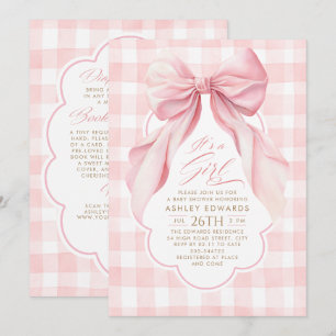 Pink Bow Blush Gingham Girl Baby Shower All In One Invitation