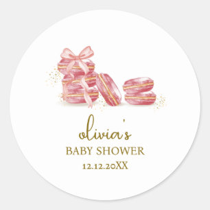 Pink Bow Bonjour Bébé French Macarons Baby Shower Classic Round Sticker