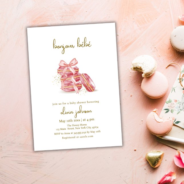 Pink Bow Bonjour Bébé French Macarons Baby Shower  Invitation (Pink Bow Bonjour Bébé French Macarons Baby Shower Invitation)