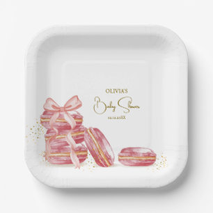 Pink Bow Bonjour Bébé French Macarons Baby Shower  Paper Plate