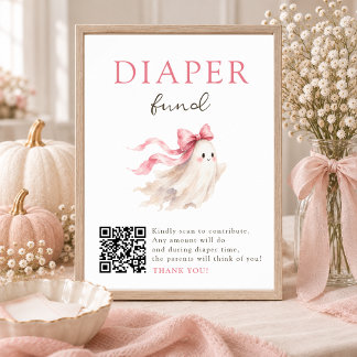 Pink Bow Boo Baby Shower QR Code Diaper Fund Sign