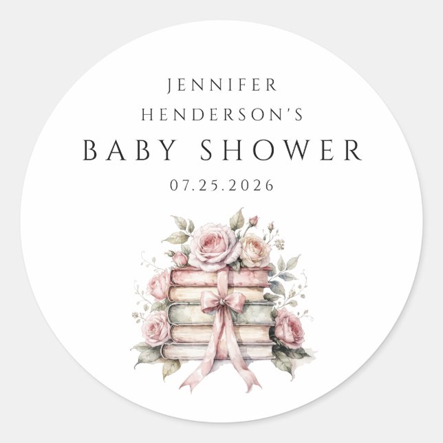 Pink Bow Bookstack Baby Shower Classic Round Sticker (Front)