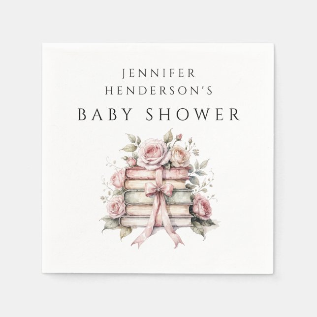 Pink Bow Bookstack Baby Shower Napkin (Front)
